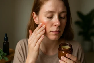 Žena nanášajúca prírodný balzam na pleť na líce.