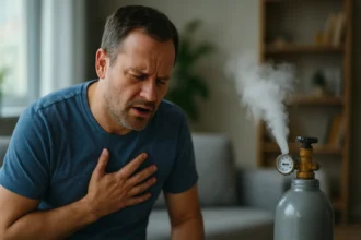 Muž sťažujúci si na dýchacie ťažkosti spôsobené oxidom uhličitým.