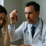 Lekár ukazuje pacientke výsledky testu krvi súvisiace s hormónmi.