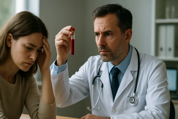 Lekár ukazuje pacientke výsledky testu krvi súvisiace s hormónmi.