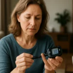 Žena merajúca hladinu cukru v krvi pomocou glukomera.