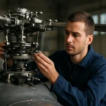 Mechanik kontroluje súčiastky vrtule helikoptéry v hangári.