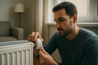 Muž nastavuje radiátorový termostat pre úsporu energie.