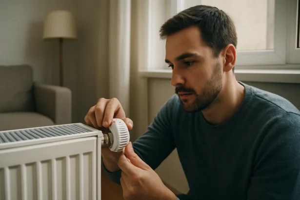 Muž nastavuje radiátorový termostat pre úsporu energie.