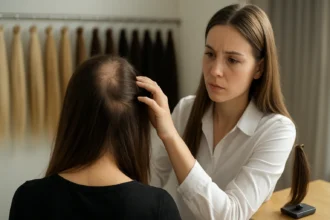Konzultácia medzi odborníkom na vlasy a klientom so slabými vlasmi