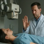 Lekár vysvetľuje pacientke postup pri röntgenovom vyšetrení.