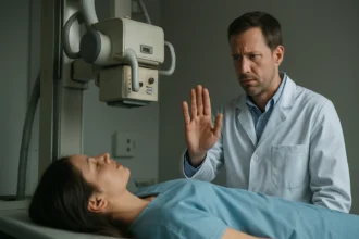 Lekár vysvetľuje pacientke postup pri röntgenovom vyšetrení.