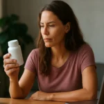 Žena skúma fľašu s doplnkom stravy Caralluma Fimbriata.