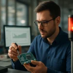 Inžinier skúma čip na doske s monitorom a signálnym systémom v pozadí.