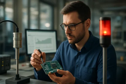 Inžinier skúma čip na doske s monitorom a signálnym systémom v pozadí.