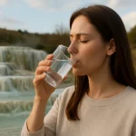 Muž pijúci zázračnú vodu Egerszalók pri termálnych prameňoch