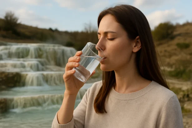 Muž pijúci zázračnú vodu Egerszalók pri termálnych prameňoch
