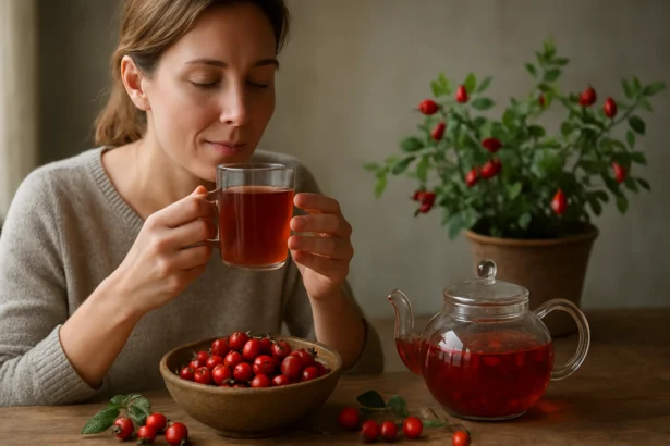 Žena vychutnávajúca si šípkový čaj s plodmi šípky v pozadí.