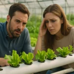 Dvojica sa znepokojenými výrazmi sleduje hydroponické rastliny.