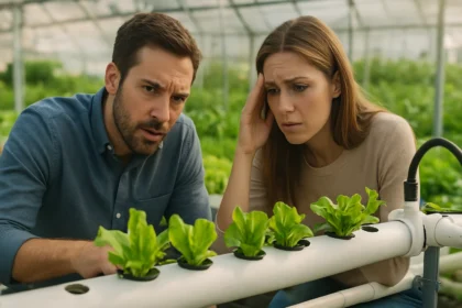 Dvojica sa znepokojenými výrazmi sleduje hydroponické rastliny.