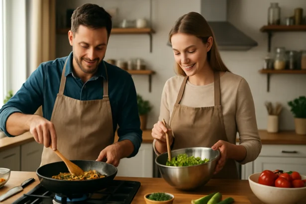 Pár varí v modernej kuchyni, príprava zdravého jedla