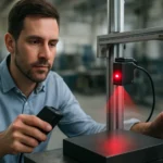 Pokročilý fotoelektrický senzor v prevádzke na technickej kontrole.