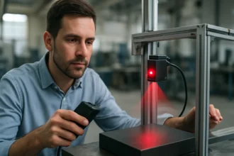 Pokročilý fotoelektrický senzor v prevádzke na technickej kontrole.