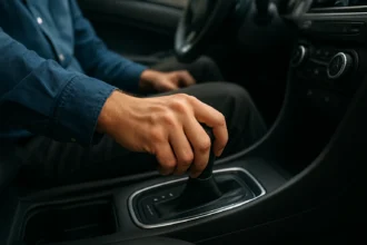 Ruka ovládajúca posuvnú prevodovku v automobile.