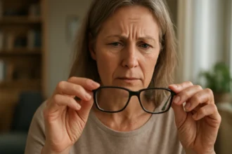 Žena sa zamysleným výrazom drží multifokálne okuliare.