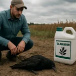 Farmár skúma zavraždeného havrana vedľa fľaše herbicídu Gladiátor.