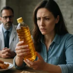 Žena skúma fľašu s palmovým olejom, obavy o zdravie a životné prostredie.