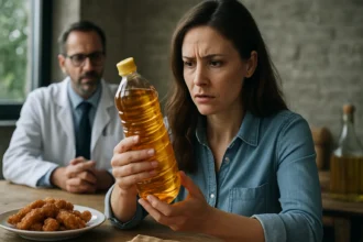 Žena skúma fľašu s palmovým olejom, obavy o zdravie a životné prostredie.