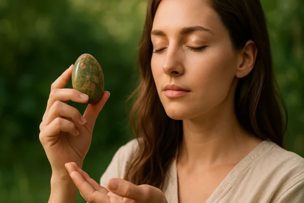 Žena s unakitem, ktorý podporuje duchovné a energetické prebudenie.