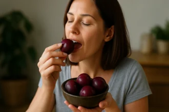 Žena vychutnáva chutné slivky pre zdravie a pohodu