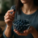 Žena drží misku plnú sibírskych čučoriedok a jednu čučoriedku v ruke.