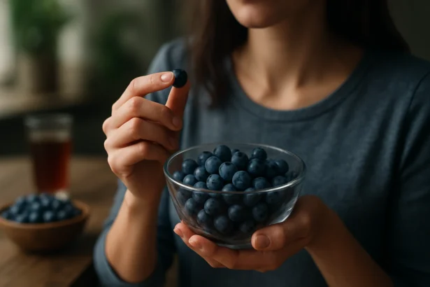 Žena drží misku plnú sibírskych čučoriedok a jednu čučoriedku v ruke.