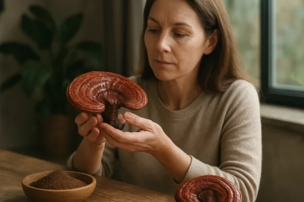 Žena skúma hubu Ganoderma, prírodný zázrak pre zdravie.