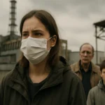 Skupina ľudí s ochrannými maskami pred jadrovou elektrárňou v Černobyle.