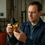 Muž skúma trojcestný ventil ESBE v technickej miestnosti.