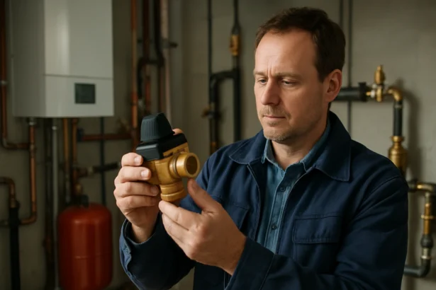 Muž skúma trojcestný ventil ESBE v technickej miestnosti.