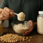 Muž odmerajuci sójový proteínový izolát v miske spolu s celými sójovými bôbmi.