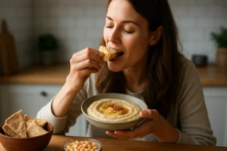 Žena vychutnáva hummus s chlebom v útulnej kuchyni.