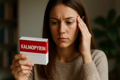 Žena s bolesťou hlavy, prezerajúca balenie Kalmopyrinu.