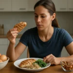 Žena skúma porciu bielkovín na tanieri so zeleninou a orechmi.