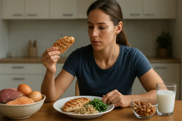 Žena skúma porciu bielkovín na tanieri so zeleninou a orechmi.