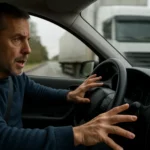Muž v aute s výrazom strachu a prekvapenia, ako brzdí na ceste.