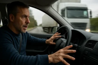 Muž v aute s výrazom strachu a prekvapenia, ako brzdí na ceste.