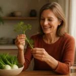 Žena s feniklom a zeleninou, objavuje ich zdravotné výhody.