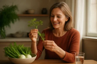 Žena s feniklom a zeleninou, objavuje ich zdravotné výhody.