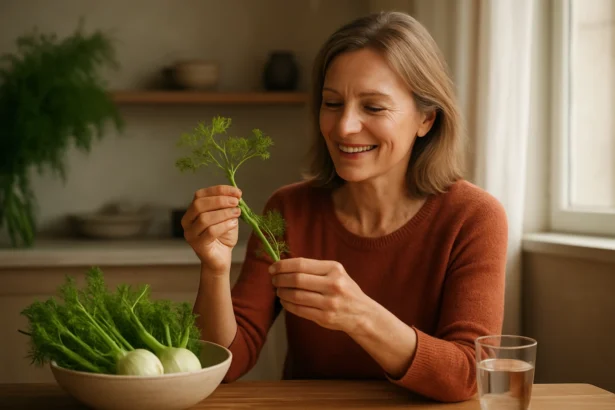 Žena s feniklom a zeleninou, objavuje ich zdravotné výhody.