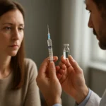 Lekár ukazuje injekciu Imizol a dávkovú fľaštičku pacientke.