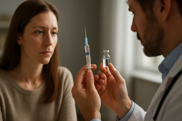 Lekár ukazuje injekciu Imizol a dávkovú fľaštičku pacientke.