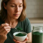 Žena skúma spirulinu, prírodnú superpotravinu pre zdravie.
