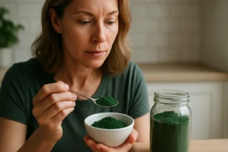 Žena skúma spirulinu, prírodnú superpotravinu pre zdravie.