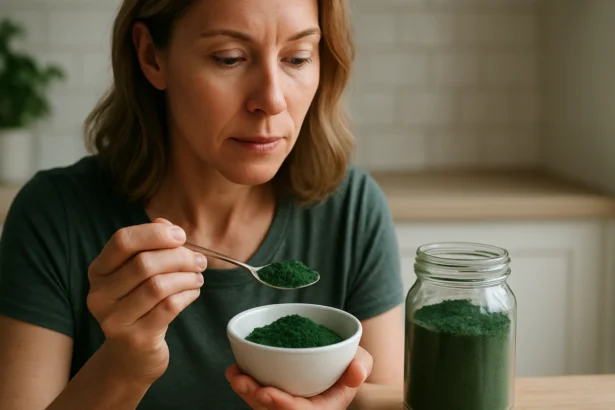 Žena skúma spirulinu, prírodnú superpotravinu pre zdravie.